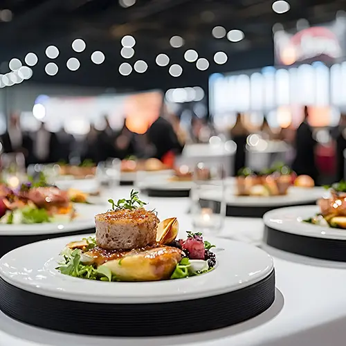 Primo piano di un piatto gourmet durante un catering per un evento fieristico