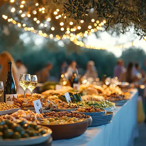 Un tavolo imbandito in un giardino durante un catering per una festa privata