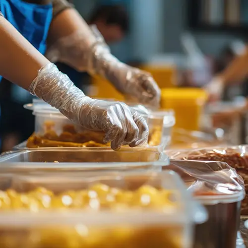 Due mani chiudono un contenitore per del cibo donato durante un catering sospeso