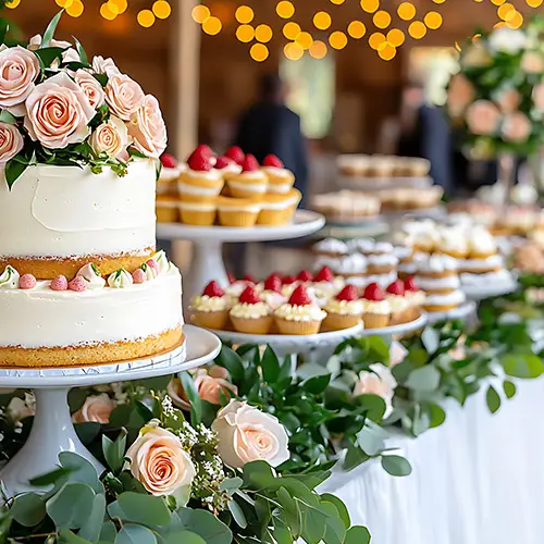 Una torta nuziale e un banco buffet durante un matrimonio